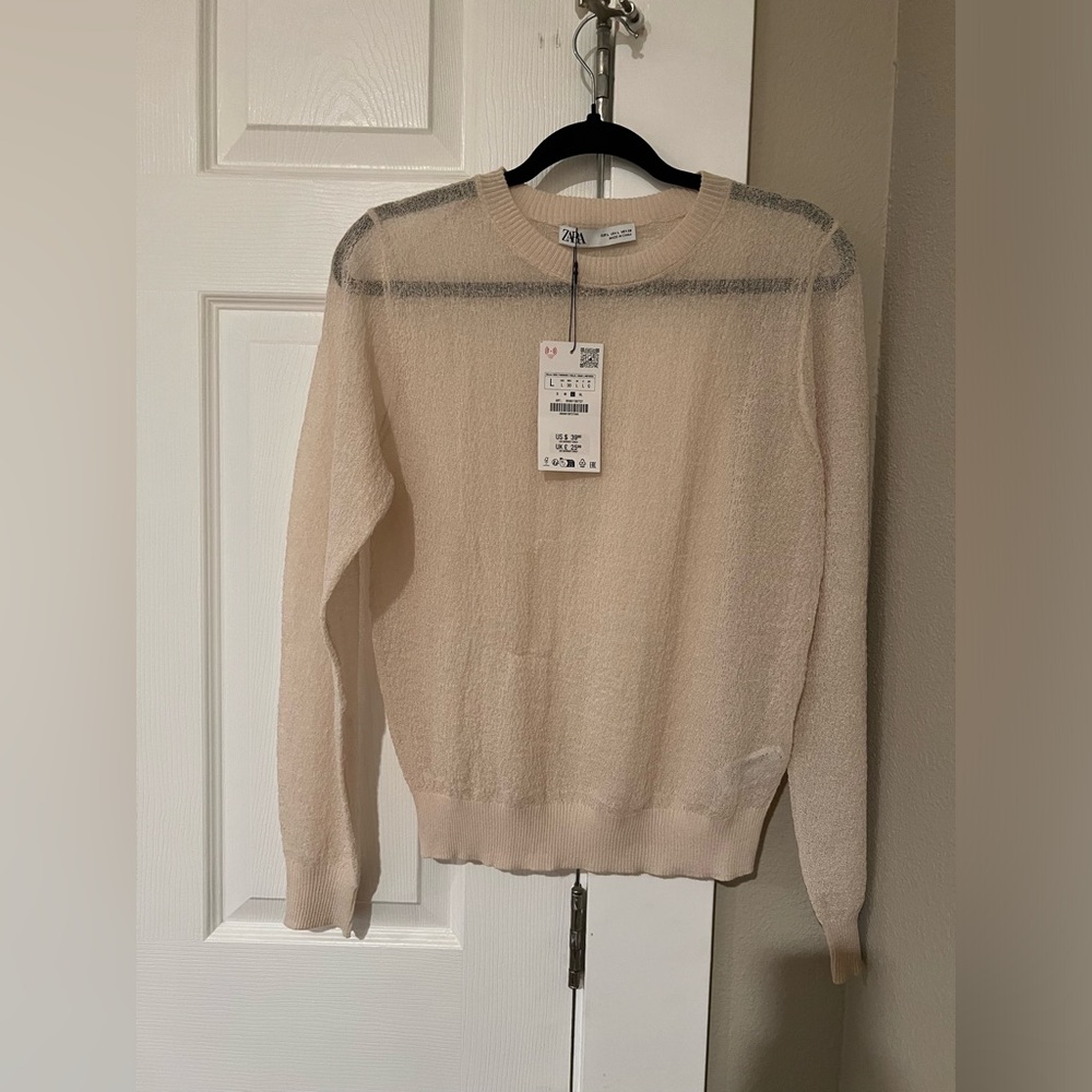 NWT Zara women’s cream/ivory mesh long sleeve top. Size L.